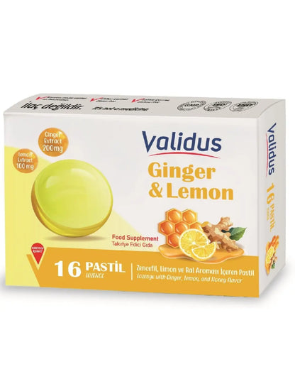 Pastilles pour la gorge apaisantes Validus Citron, Gingembre et Miel, 16 unités