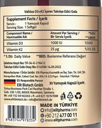 Suplemento de vitamina D3 y K2 Validus para el soporte óseo, 30 cápsulas blandas