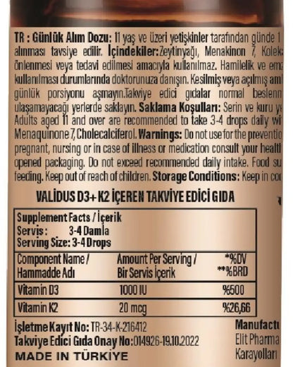 Gouttes de Vitamine D3 + Vitamine K2 Validus pour le soutien osseux 10 ml