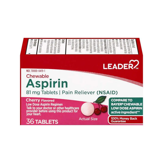 Leader Chewable Aspirin Tablets Cherry 81mg 36ct Health Care Pasteur Pharmacy