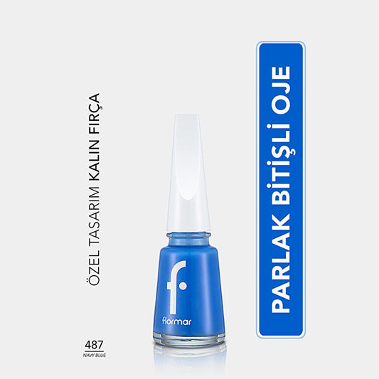 Esmalte de uñas azul marino Flormar: alta pigmentación, larga duración, resistente a las astillas; enriquecido con magnesio, calcio y azufre para unas uñas fuertes y brillantes