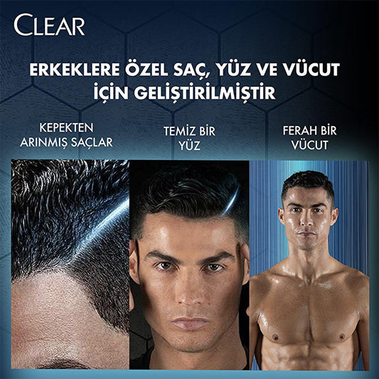 Shampoing, gel douche et nettoyant visage 3-en-1 Clear Men Menthol Fraîcheur : lutte contre les pellicules, nettoie et revigore - tout en un.