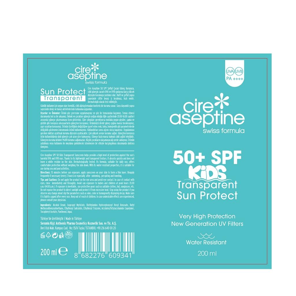Spray de protección solar transparente Cire Aseptine Kids FPS 50+ 200 ml