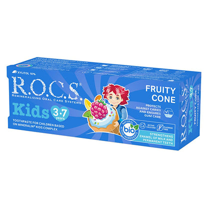 Pasta dental infantil Rocs Kids: protección contra caries sin flúor con delicioso sabor a frutas para niños de 3 a 7 años