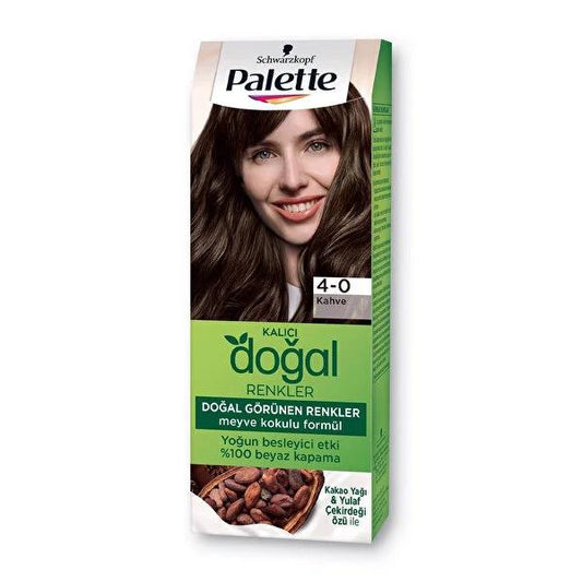 Tinte para el cabello Palette Natural Colors Ámbar 4-0: Color duradero, enriquecido con aceite de argán, cobertura perfecta de canas; logra tonos naturales y ricos.