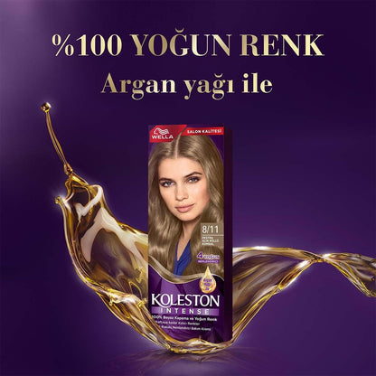 Coloration capillaire Wella Koleston Intense 8/11 : Blond cendré très clair, couverture à 100 % des cheveux blancs, couleur longue tenue à l'huile d'argan