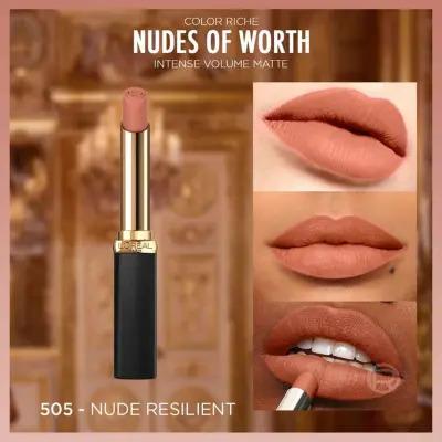 Rouge à lèvres L'Oréal Paris Color Riche Intense Volume Matte - Le Nude 505, longue tenue et hydratant