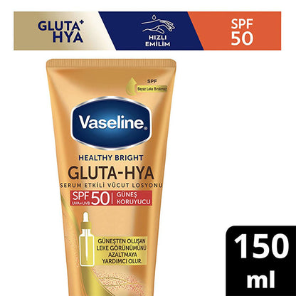 Lait corporel solaire Vaseline Gluta-Hya SPF 50 : protection UVA/UVB, acide hyaluronique hydratant, réduit les taches solaires, formule non grasse