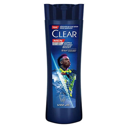 Champú anticaspa Clear Men Vin’cius Jœnior: Ultra Hydro Boost para hombre - 10 veces más hidratación profunda, eucalipto y madera de cedro, combate la sequedad del cuero cabelludo y la caspa