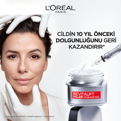 Crème de jour anti-âge Revitalift Filler à l'acide hyaluronique de L'Oréal Paris : hydratation intense, combleur de rides et repulpeur de peau pour un éclat de jeunesse