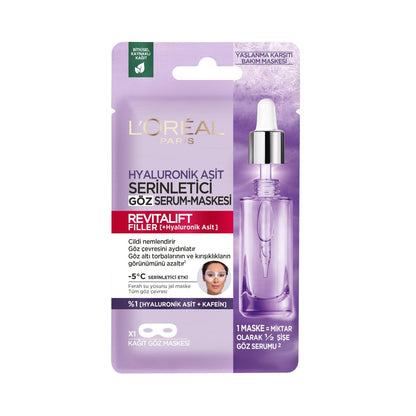 Masque yeux refroidissant à l'acide hyaluronique Revitalift Filler de L'Oréal Paris - Masque en tissu anti-âge et hydratant pour les cernes et les ridules